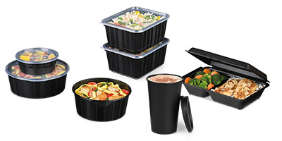 Schwarze Mehrwegverpackungen mit Speisen & Getränken