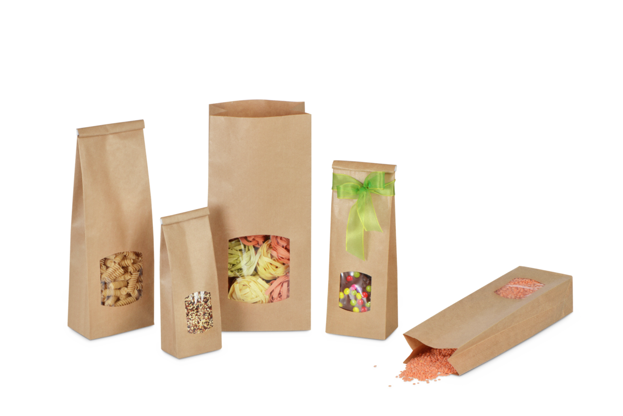 Blockbodenbeutel aus Kraftpapier mit Sichtfenster