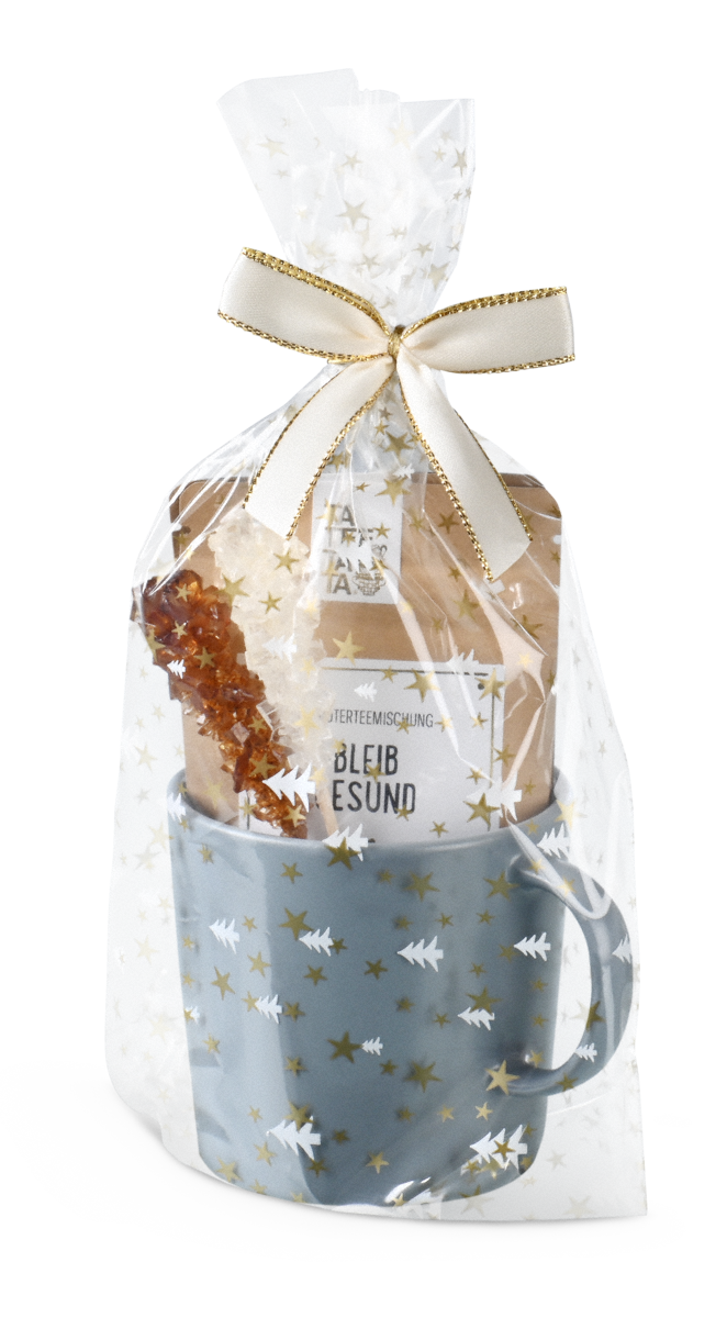 mit goldenen Sternen und weißen Weihnachtsbäumen bedruckt