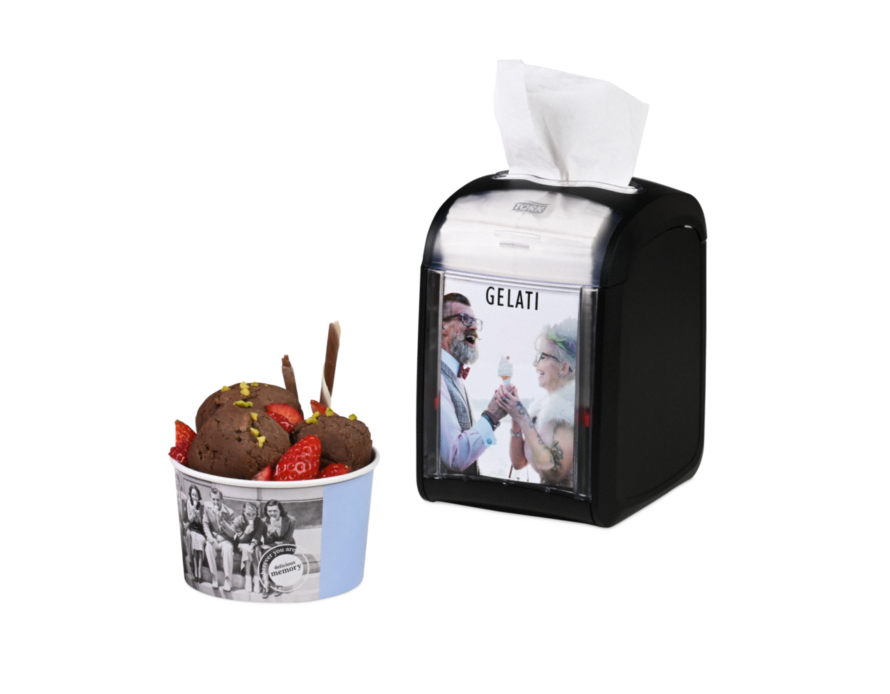 Xpressnap Fit® Servietten-Spender Art.-Nr. L555.400 und die dazu passenden Papier-Servietten Art.-Nr. L255.312 eignen sich ideal für Eisdielen