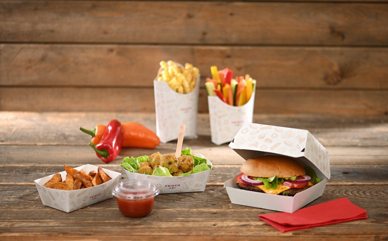 Die Take-away-Burger-Box ist wie die Snack-Schale und der Pommes-Schütte der «FRISCH & fein»-Linie eine ideale To-go-Verpackung für Ihr Snack-Angebot.