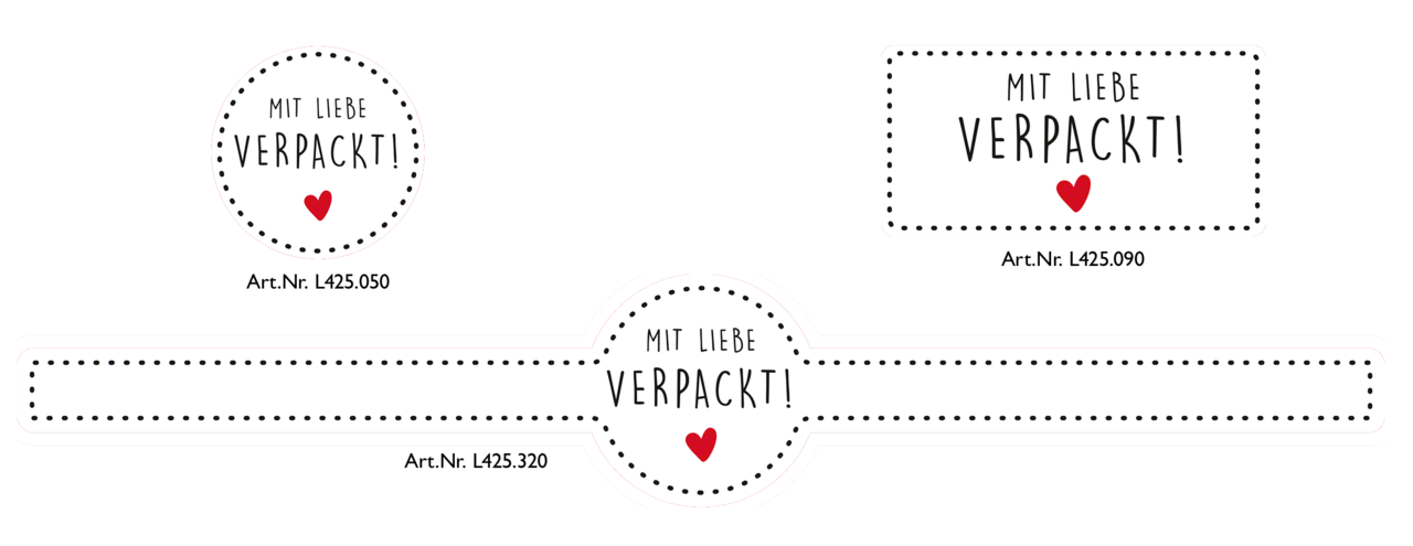 Etiketten mit dem Motiv «mit Liebe verpackt» finden Sie in unserem Web-Shop in 3 Ausführungen – zum Verzieren und Verschließen