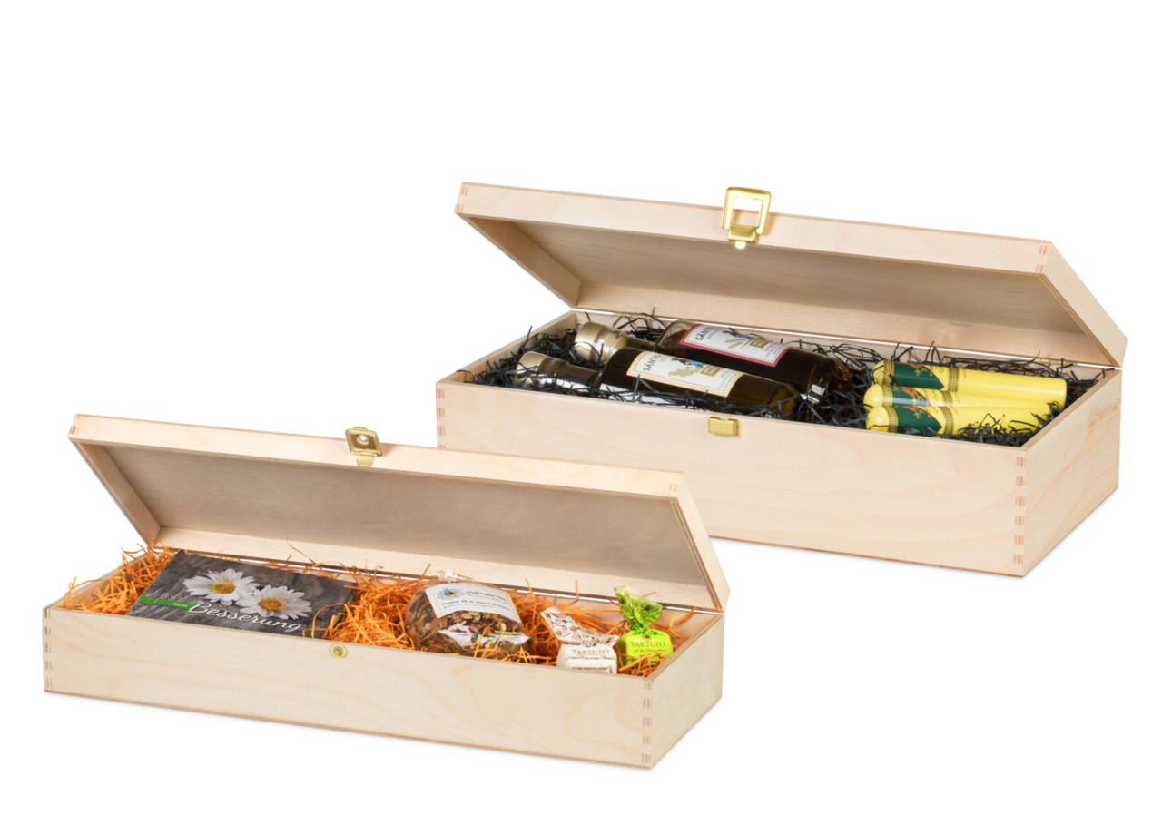 Verpacken Sie besondere Geschenke in Holzkassetten mit Holzwolle oder SizzlePak®