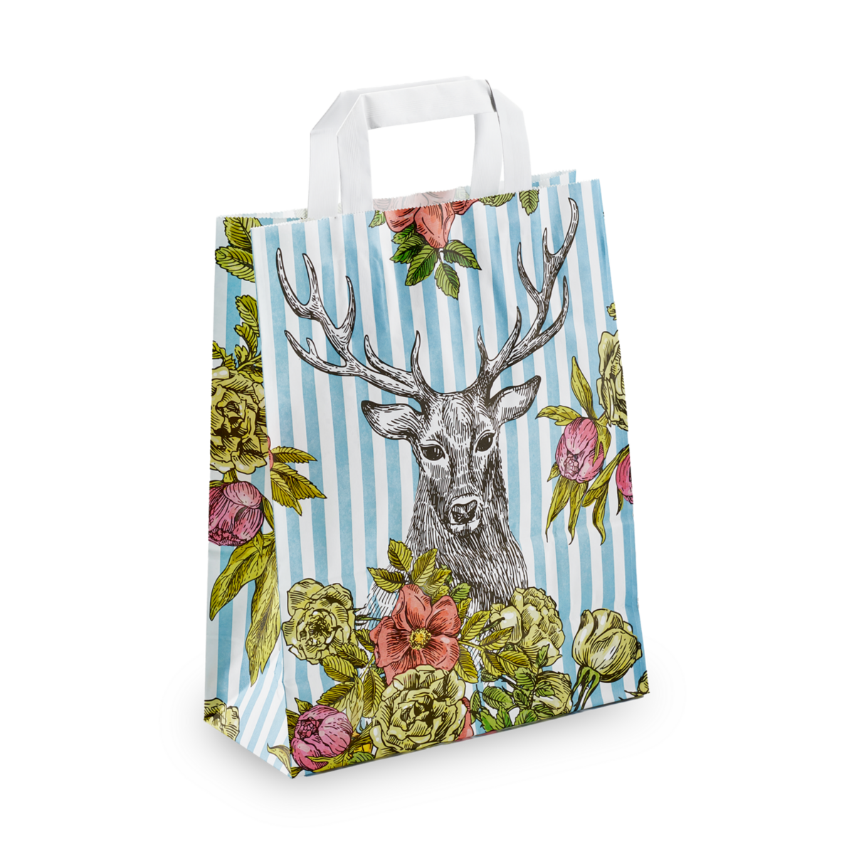Papiertragetasche 220×100×280 mm «Hirsch», weiß, 70 g/m², Flachhenkel