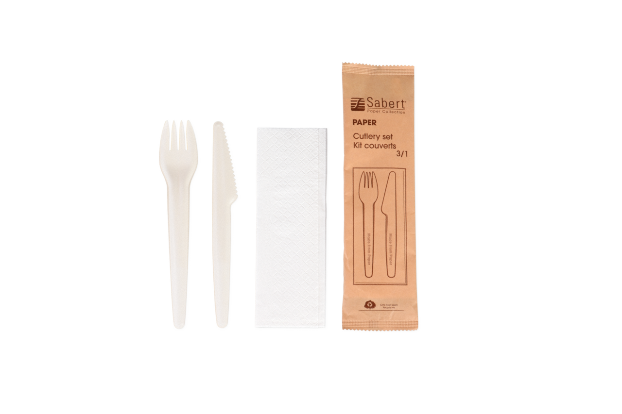 Besteckset aus Zellstoff: Gabel, Messer, Serviette