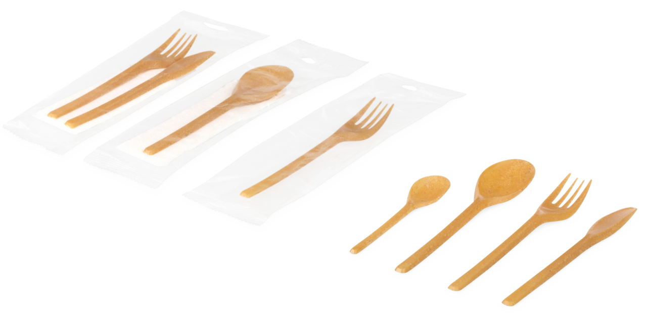 Mehrweg-Besteckset aus WPC: Gabel, Messer, Serviette