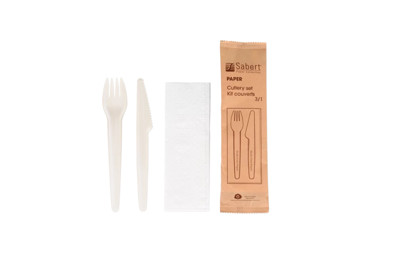 Besteckset aus Zellulose: Gabel, Messer, Serviette