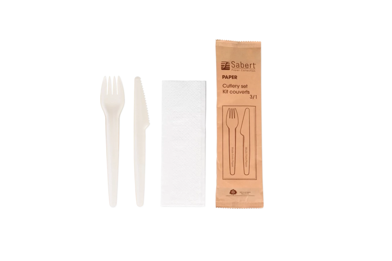Besteckset aus Zellstoff: Gabel, Messer, Serviette