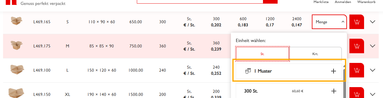 Die Bestelltabelle von RAUSCH