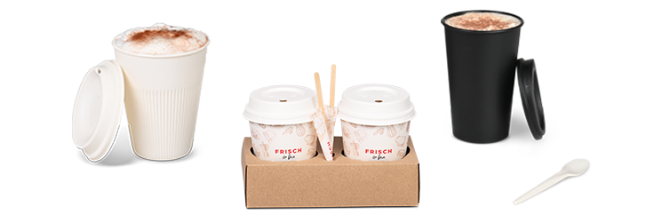 Gratis-Musterpaket «Alles rund um den Kaffeebecher» verschiedene Kaffeebecher mit Deckel, Löffel & Tragehilfe