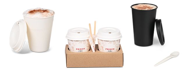 Gratis-Musterpaket «Alles rund um den Kaffeebecher» verschiedene Kaffeebecher mit Deckel, Löffel & Tragehilfe